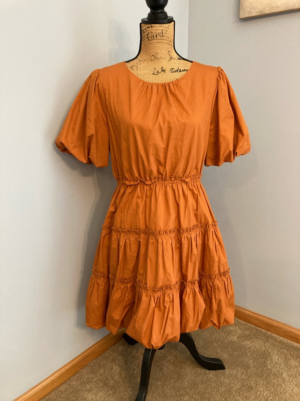 mittoshop Bubble Hem and Sleeve Tiered Mini Dress in Camel Women Size Large